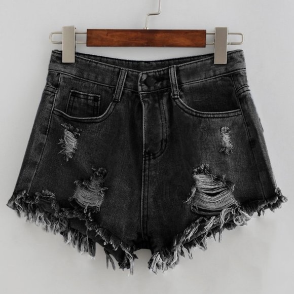 IN STOCK -BLACK Distressed Frayed hem Deni… - Picture 1 of 3